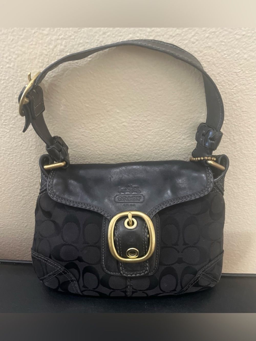 COACH Y2K Vintage Black Signature Jacquard Leather Small Flap Shoulder Bag 11441